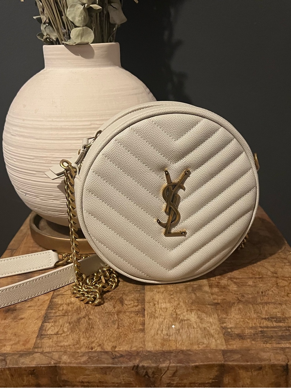 Saint Laurent Round Quilted Crossbody in Cream with Gold Hardware